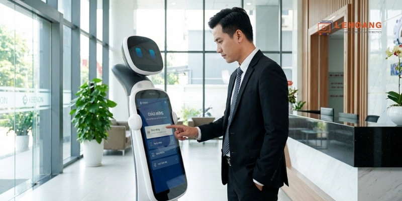 Robot lễ tân tự động hướng dẫn khách và tương tác màn hình cảm ứng