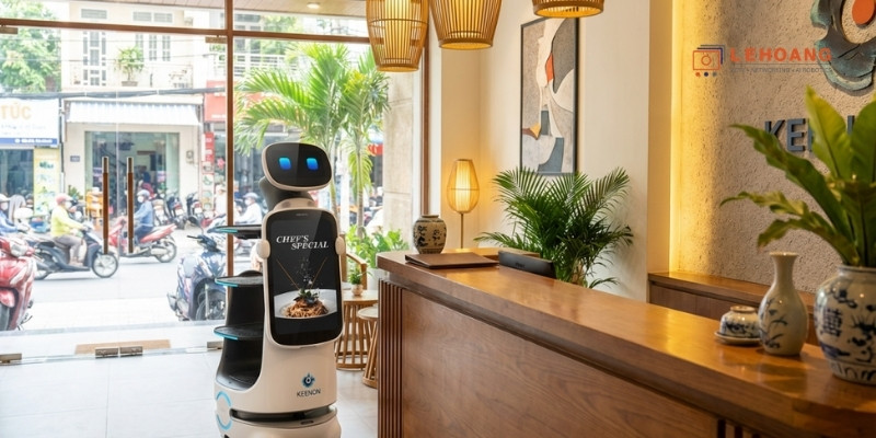 Robot lễ tân KEENON T10 đứng tại sảnh tiếp tân khách sạn hiện đại