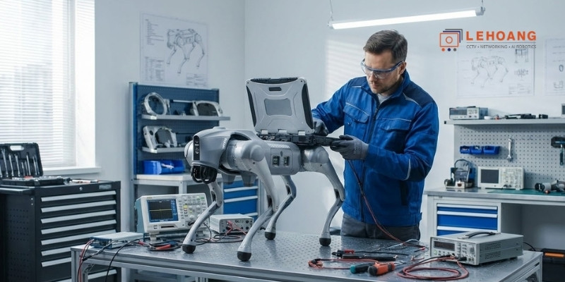 Kỹ thuật viên kiểm tra và bảo dưỡng robot Unitree trong dịch vụ hậu mãi chính hãng