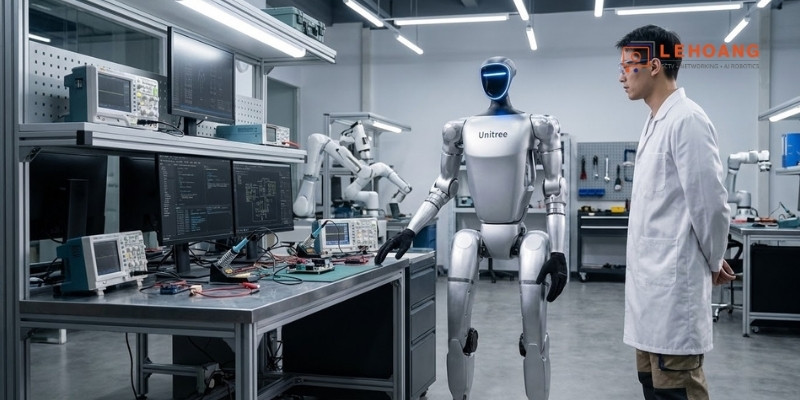 Robot humanoid Unitree G1 trong môi trường phòng lab nghiên cứu robotics