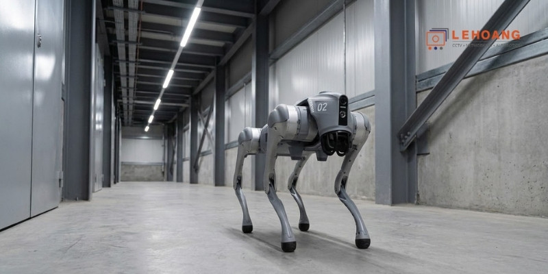Robot Unitree Go2 đang hoạt động tuần tra trong không gian công nghiệp hiện đại