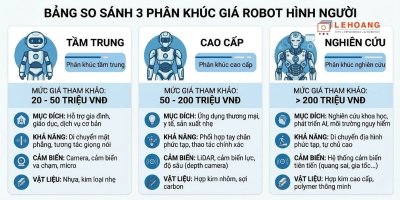 Bảng so sánh chi phí đầu tư robot hình người theo từng phân khúc năm 2026