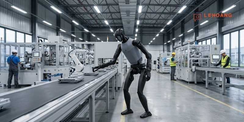 Robot Unitree H1 hoạt động trong môi trường nhà máy công nghiệp