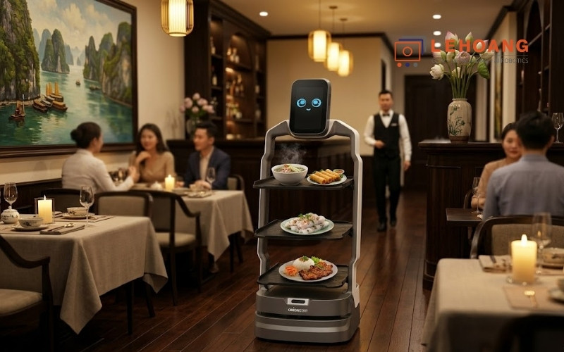 Robot phục vụ LuckiBot OrionStar trong nhà hàng