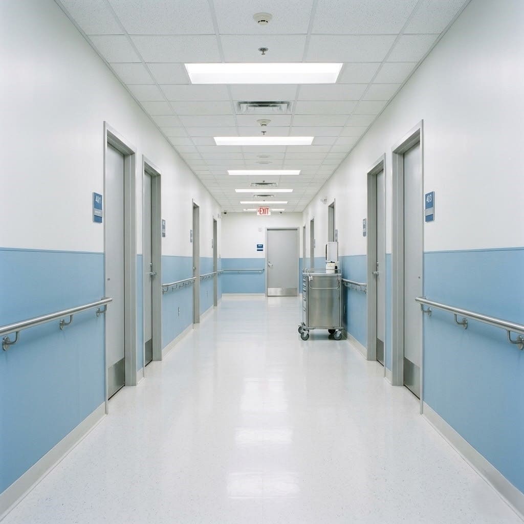 Hành lang bệnh viện sạch sẽ hiện đại với tường xanh trắng và ánh sáng đồng đều - môi trường ứng dụng robot y tế Lê Hoàng Robotics
