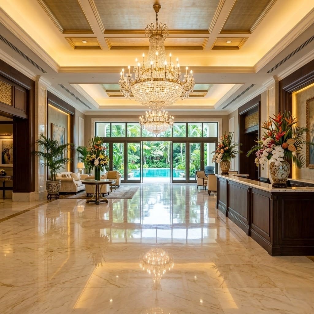 Sảnh tiếp tân khách sạn resort sang trọng với sàn đá marble và đèn chùm pha lê - môi trường ứng dụng robot dịch vụ Lê Hoàng Robotics