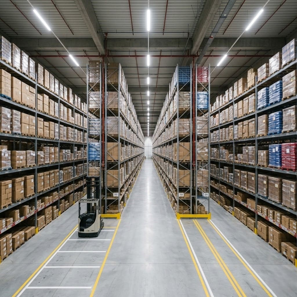 Kho bãi logistics hiện đại với hệ thống kệ hàng cao tầng và lối đi rộng - môi trường ứng dụng robot vận chuyển tự hành Lê Hoàng Robotics