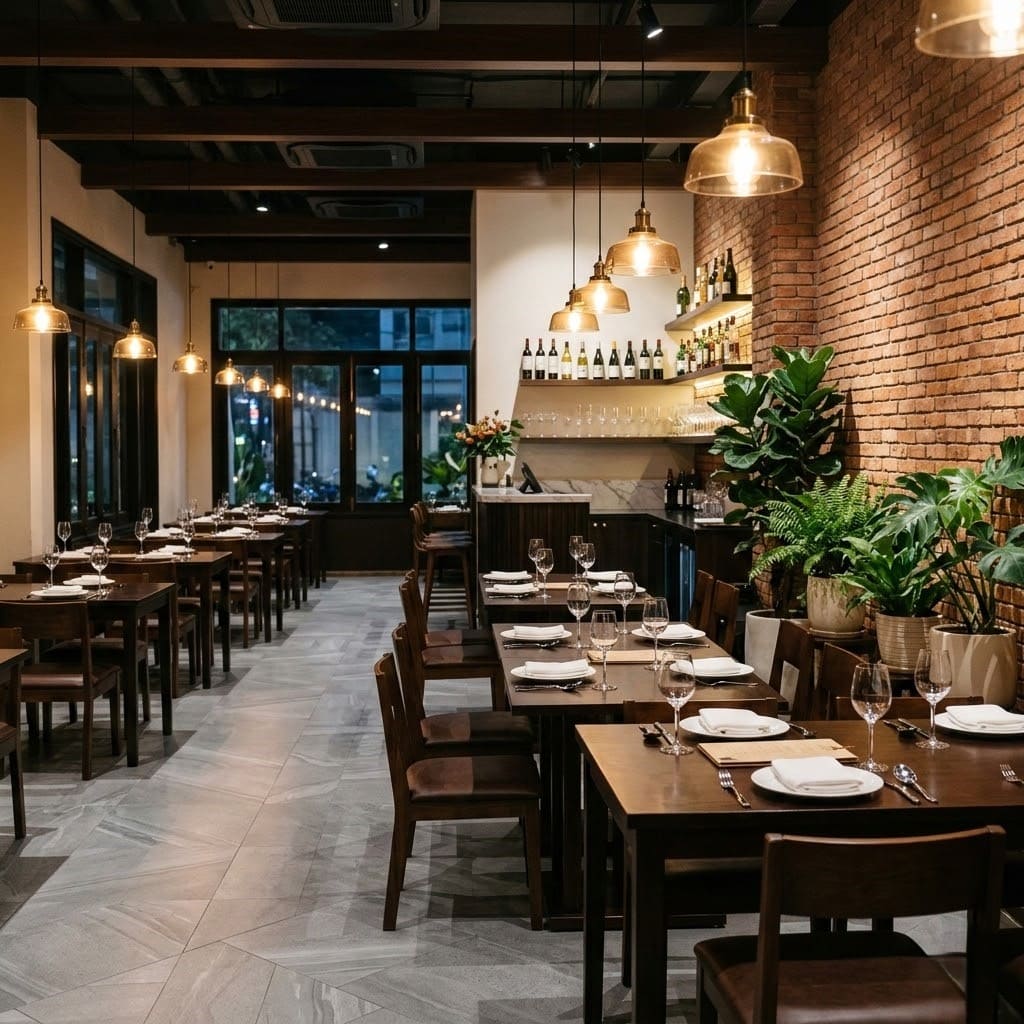 Không gian nội thất nhà hàng café hiện đại với bàn ghế gỗ và đèn trang trí ấm áp - môi trường ứng dụng robot phục vụ Lê Hoàng Robotics