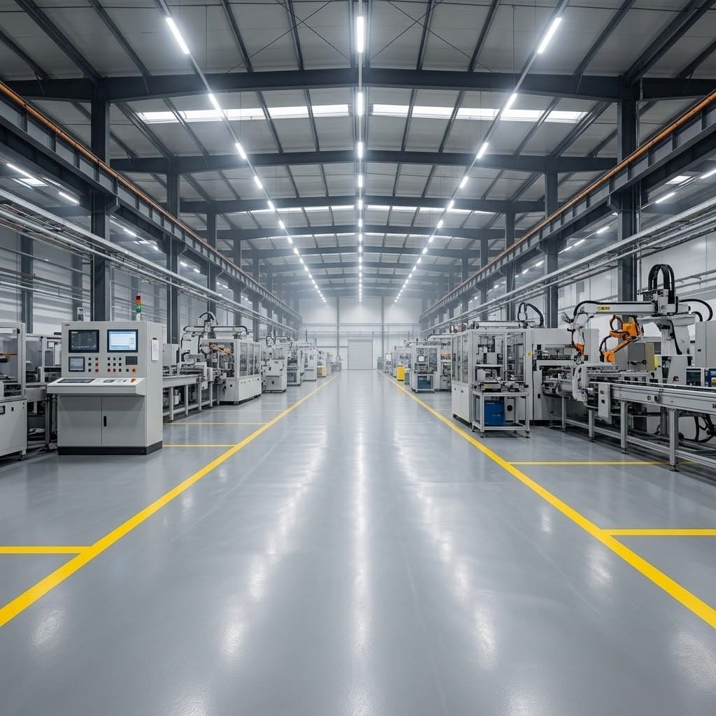 Dây chuyền sản xuất nhà máy công nghiệp hiện đại với máy móc và sàn epoxy - môi trường ứng dụng robot vệ sinh công nghiệp Lê Hoàng Robotics