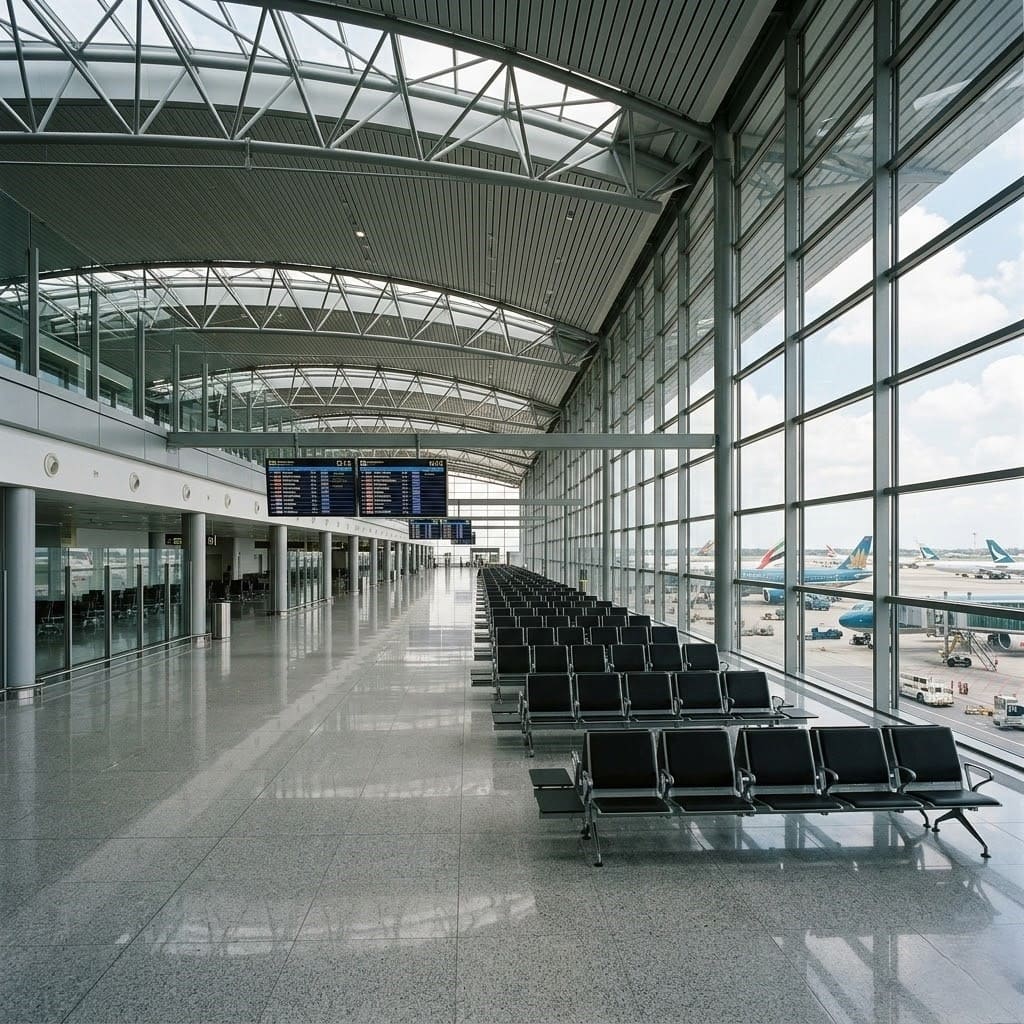 Terminal sân bay quốc tế hiện đại với trần cao kính và khu vực chờ rộng - môi trường ứng dụng robot tự hành Lê Hoàng Robotics