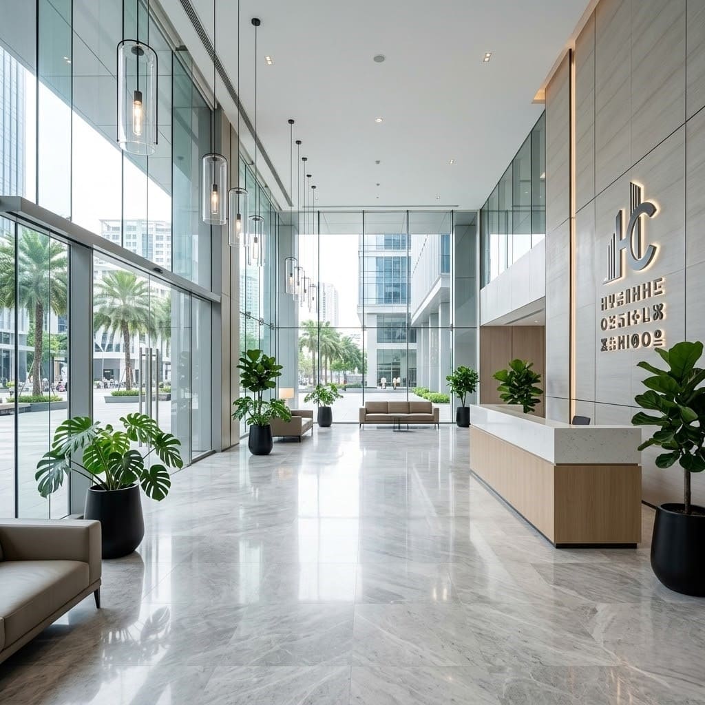 Sảnh lobby toà nhà văn phòng hạng A với tường kính và ánh sáng tự nhiên - môi trường ứng dụng robot vệ sinh toà nhà Lê Hoàng Robotics