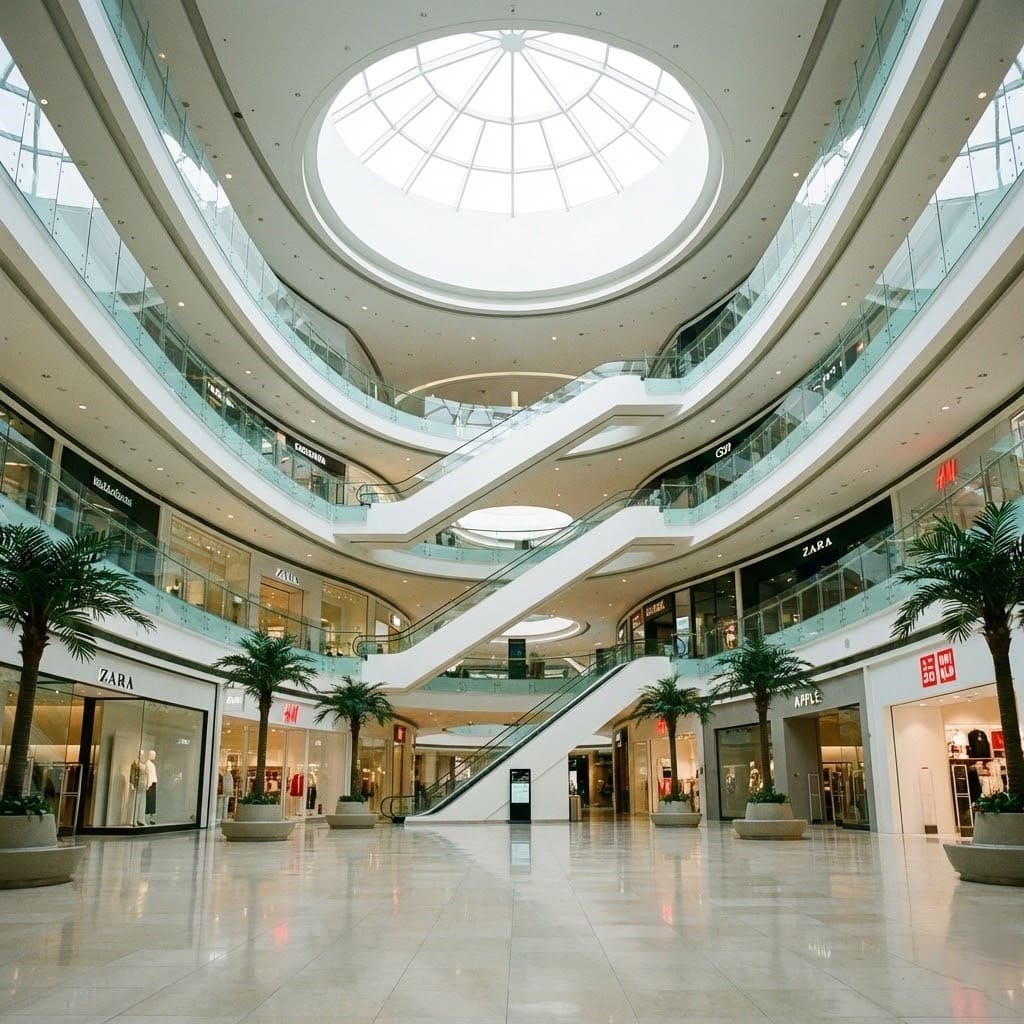 Không gian atrium trung tâm thương mại hiện đại với nhiều tầng và giếng trời - môi trường ứng dụng robot vệ sinh thương mại Lê Hoàng Robotics