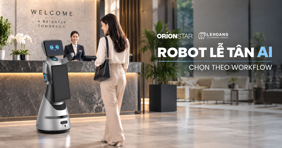 Robot lễ tân AI GreetingBot Mini hỗ trợ đón khách bên cạnh quầy lễ tân doanh nghiệp