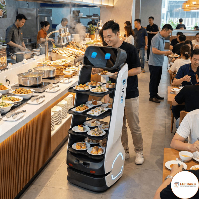 Robot Keenon T9 với 4 tầng khay mở đang phục vụ tại quầy buffet nhà hàng