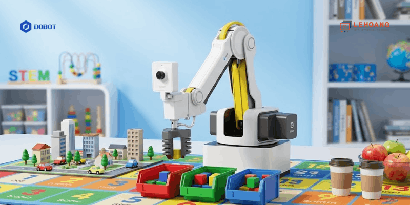 Robot cánh tay DOBOT Magician Lite trong lớp học STEM với thảm mô phỏng thành phố thông minh, khối xếp hình màu sắc và mô hình đô thị thu nhỏ - Giải pháp AI Teaching Kit cho giáo dục