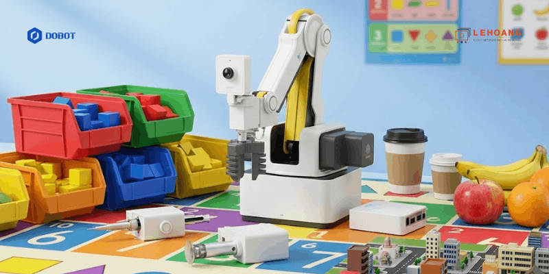 DOBOT AI Teaching Kit với robot cánh tay, khay phân loại màu sắc, cốc cà phê và hoa quả mô phỏng - Thiết bị thực hành nhận diện hình ảnh AI cho học sinh STEM