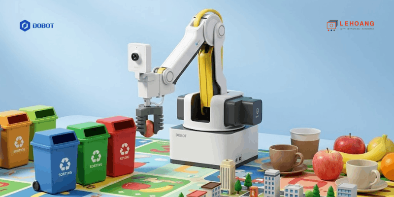 Robot DOBOT Magician Lite thực hành phân loại rác thông minh với 4 thùng rác màu xanh dương, xanh lá, đỏ, vàng - Mô hình giáo dục AI Robotics bảo vệ môi trường